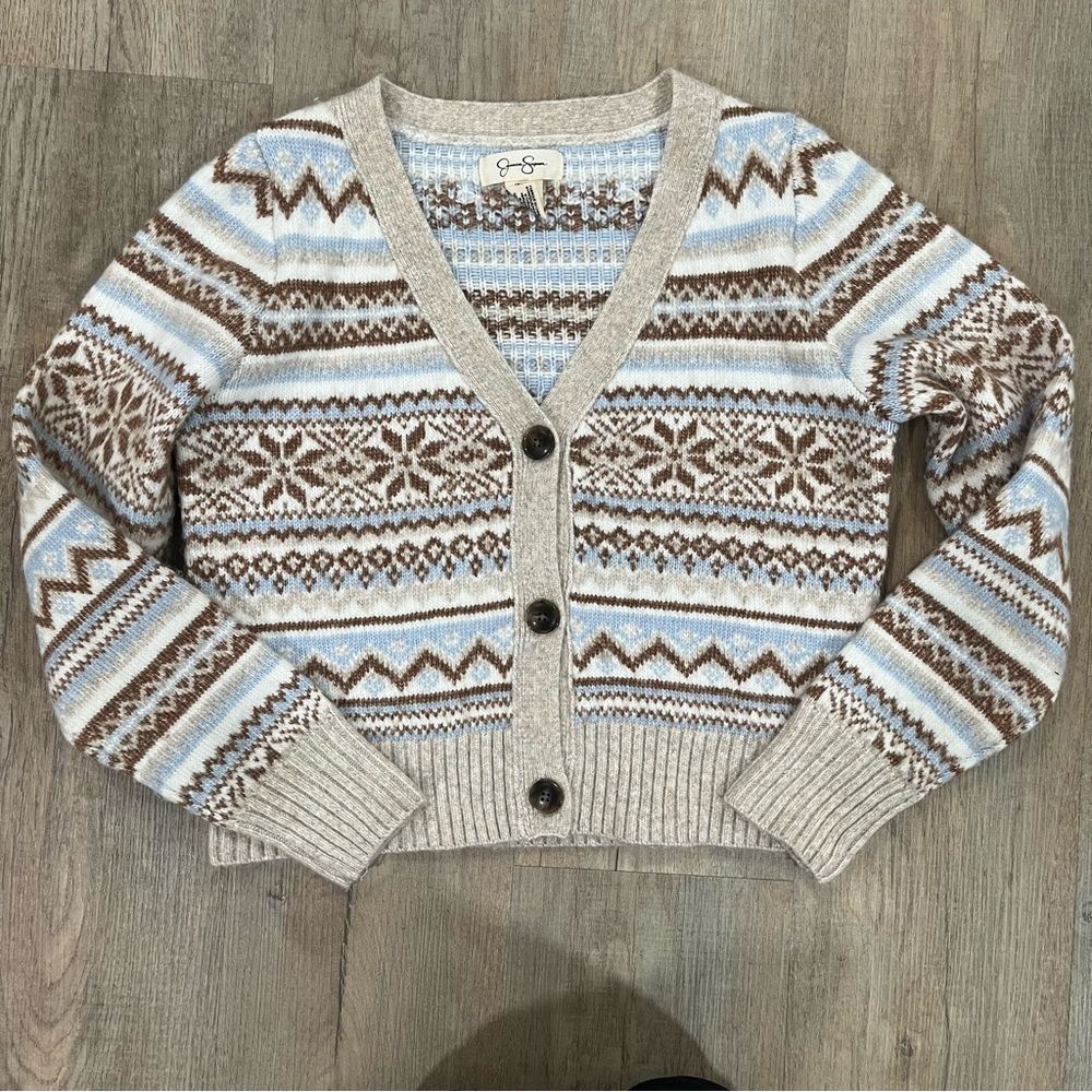 Jessica Simpson Womens Cropped Button Sweater Neutral Fair Isle winter print M